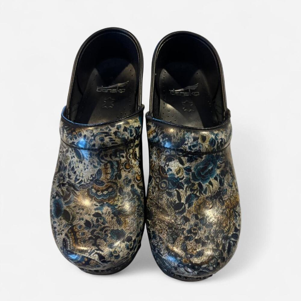 Dansko Professional Blue/Gold Floral Patent Leather Clogs Size 37 US 6.5-7